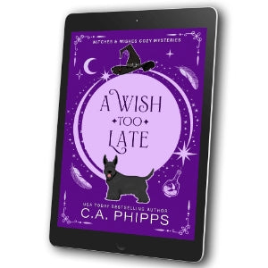 E-reader displaying a book cover with a purple background and text 'A Wish Too Late' by C.A. Phipps.