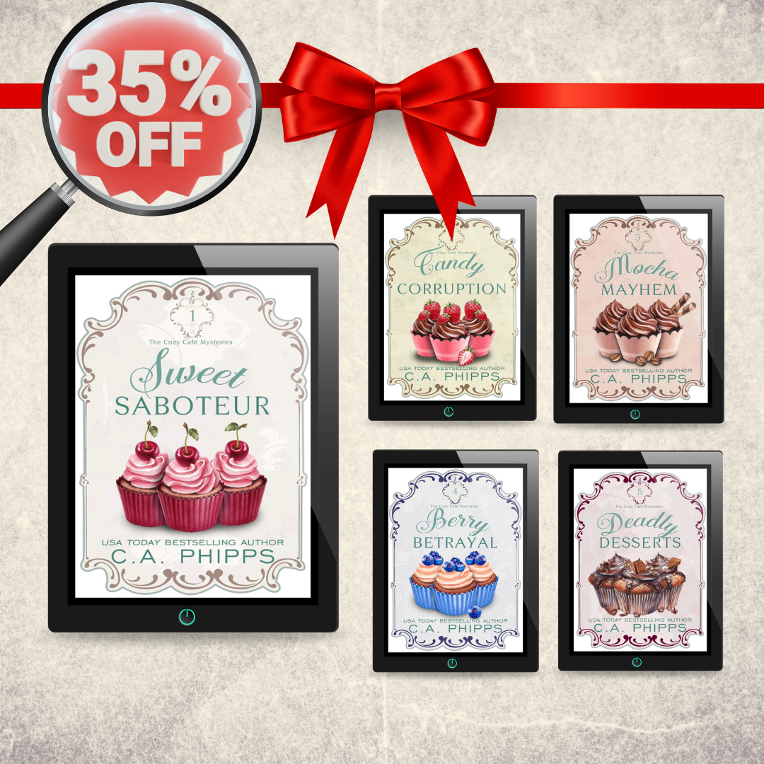 Digital books on tablets with a 35% off sale banner and red bow on a textured background.