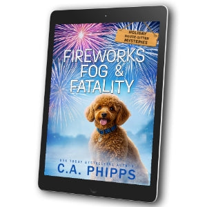 Tablet displaying a book cover with a dog and fireworks