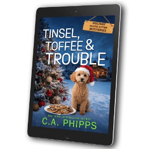 Book cover of 'Tinsel, Toffée & Trouble' with a dog in a Santa hat and Christmas tree.