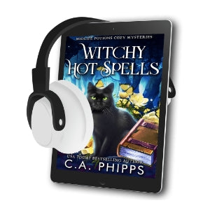 Audiobook cover of 'Witchy Hot Spells' with a black cat and book, featuring headphones.