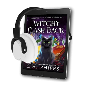 Book cover of 'Witchy Flash Back' by C.A. Phipps with a black cat and potion, displayed on a tablet with headphones.